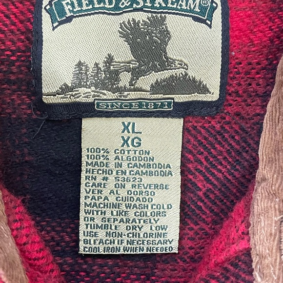 VINTAGE 1990’s FIELD & STREAM CORDUROY TRIMMED PLAID FLANNEL LONG SLEEVE SHIRT - Picture 10 of 12